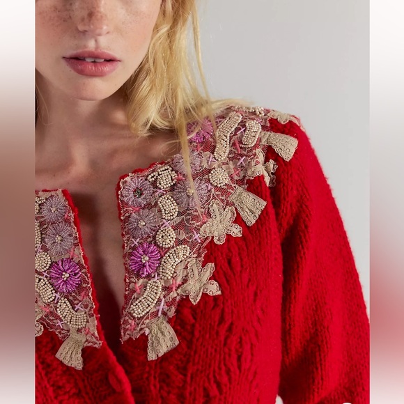 Free People One Pixie Cardigan with Floral Embellishments in Red NWT and in bag - Picture 2 of 5